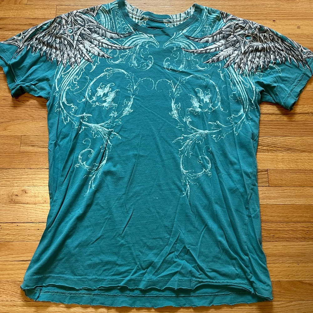 Affliction grunge alt distressed Y2K- turquoise blue/green with white wings